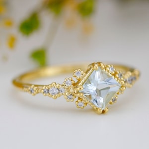 Aquamarine engagement ring, princess cut engagement ring, vintage engagement ring R339AQ