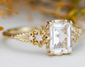 Moissanit Ring im Smaragdschliff Vintage Gelbgold, Diamant-Verlobung im Art-Deco-Stil