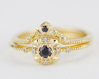 Vintage ringenset, unieke verlovingsringen, stapelringen, zwarte diamanten ring | R309310BD