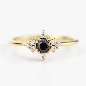 Black Diamond Engagement Ring: 18k Gold Minimalist Cluster Ring