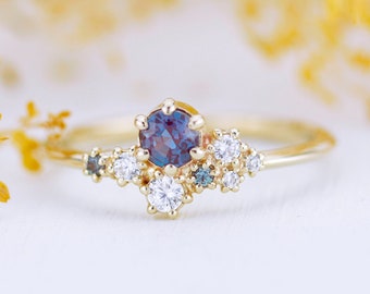 Lab Alexandrite Engagement Ring in 18k Gold  Diamond Cluster