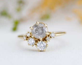 Salt and pepper diamond ring, unique diamond ring, cluster salt and pepper diamond ring | R361 SALT