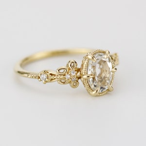 Vintage Art Deco 18k Gold Engagement Ring: Oval White Topaz & Diamond
