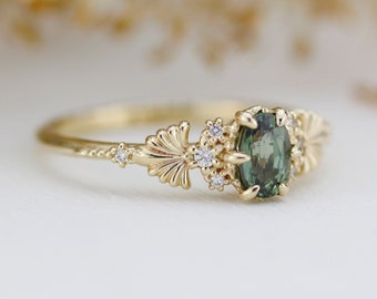 Bague de fiançailles en saphir vert, bague en saphir et diamant, bague de fiançailles ovale, pierre de naissance de septembre | R 379GS