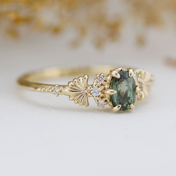 Green sapphire engagement ring, sapphire and diamond ring, oval engagement ring, september birthstone | R 379GS