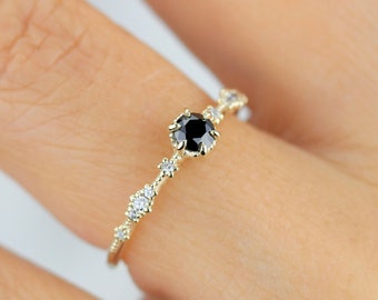 Black diamond engagement ring, simple Black diamond engagement ring, delicate engagement ring, Lace diamond engagement ring, R323BD