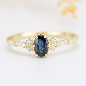 Blaugrüner Saphir Verlobungsring: 18k Gold Oval Diamant Ring