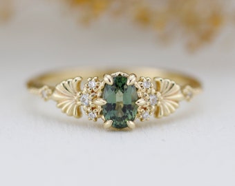 Green sapphire engagement ring, oval engagement ring, sapphire and diamond ring, oval sapphire ring | R 379GS