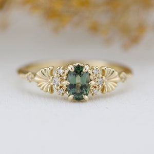 Oval Green Sapphire Engagement Ring: 18k Gold Diamond Accent