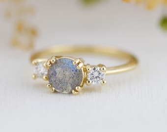 Labradorite engagement ring, three stone ring, 18k gold ring, simple diamond ring, unique ring |  R 370