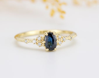 Peacock sapphire engagement ring, teal sapphire ring vintage | R 350TEALS