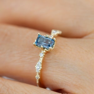 18k Gold London Blue Topaz Ring: Emerald Cut Diamond Engagement