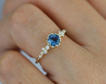 Alternative engagement ring, Unique engagement ring, vintage engagement ring, London blue topaz and diamond cluster ring | R347LBT