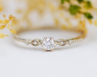 Simple diamond engagement ring, delicate engagement ring vintage unique, Marquise engagement ring |R303NWWD