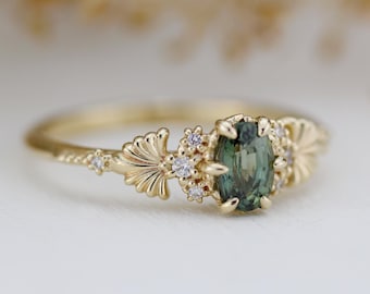 Green Sapphire Engagement Ring: 18k Yellow Gold, Diamond Accents