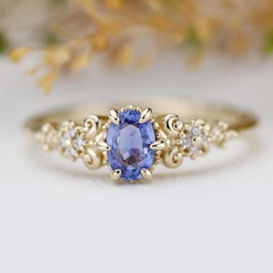 Blauer Saphir und Diamant Verlobungsring, vintage Verlobungsring Blauer Saphirring in 750er Gelbgold