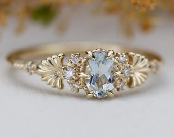 Engagement Ring solid gold Oval Aquamarine & Diamond Accent