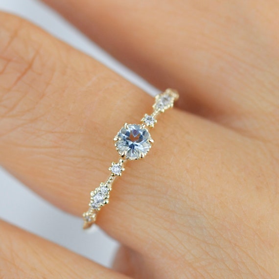 18k Delicate Engagement Ring Aquamarine Engagement Ring Gold Ring Diamond Dainty Engagement Ring Simple Promise Ring R323AQ Etsy