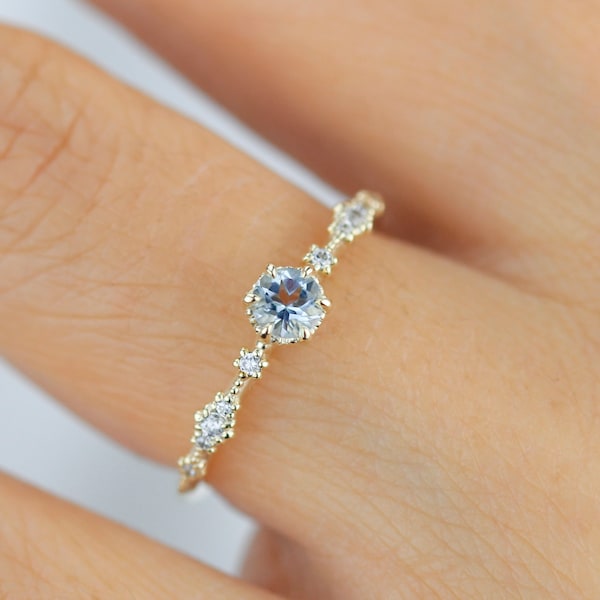 18k delicate engagement ring, aquamarine engagement ring, gold ring diamond, dainty engagement ring, simple promise ring | R323AQ
