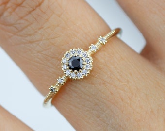 Simple engagement ring, diamond halo ring, unique black diamond ring, delicate engagement ring vintage unique - R 304 BD