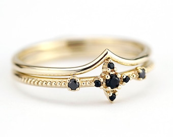 Black Diamond Ring Set: 14k Gold Chevron Wedding Band
