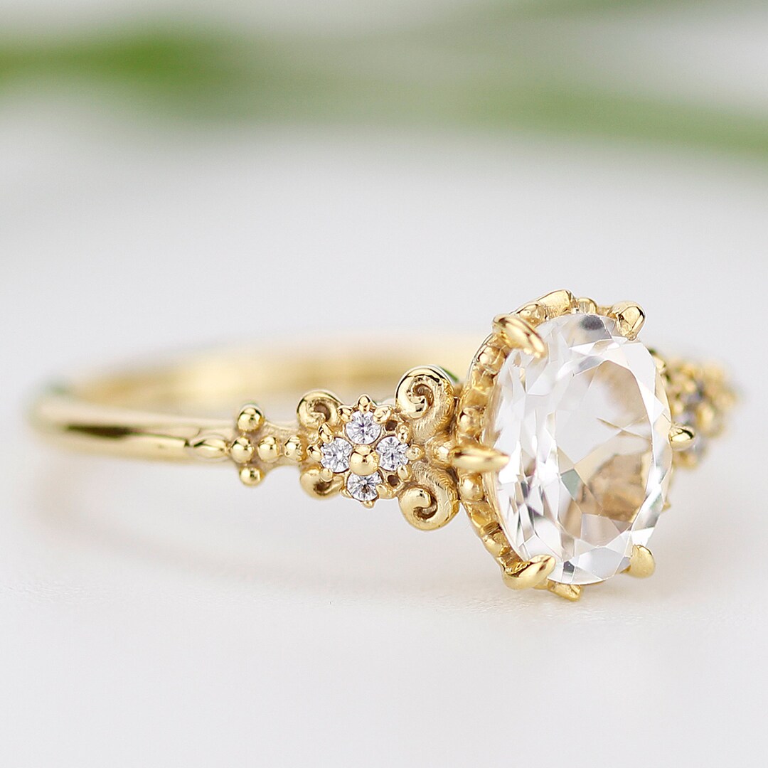 Oval Engagement Ring, White Topaz Engagement Ring, White Diamond Engagement Ring, Vintage