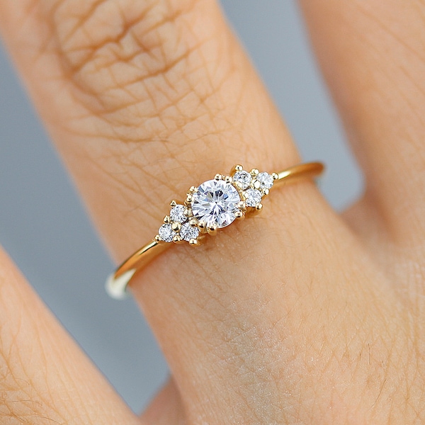 18k Gold White Diamond Cluster Engagement Ring: Handmade Delicate Ring
