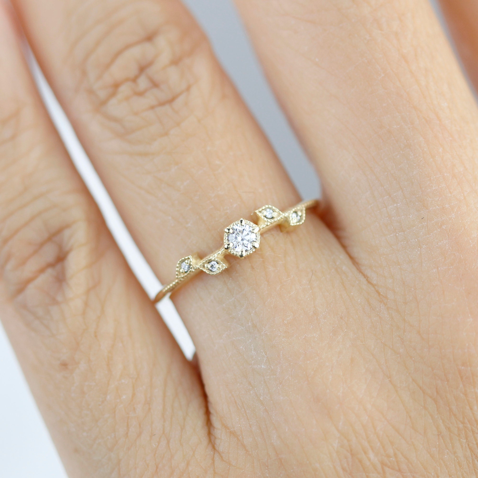 Simple Engagement Ring, Simple Diamond Ring, Leaf and Vine