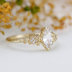 Marquise Moissanite engagement  Ring, Gold Diamond Ring, Antique Style Bridal Ring, Unique Promise Ring, Moissanite Wedding Ring