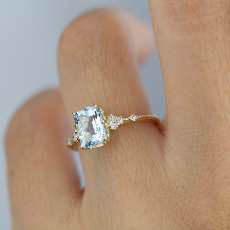 Emerald Cut Aquamarine Engagement Ring Statement Aquamarine Etsy