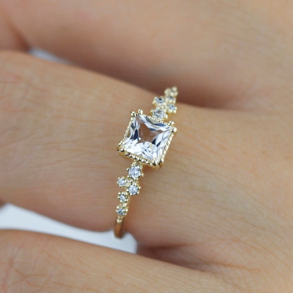 Engagement Ring White Topaz and Diamond Simple Cluster Ring - Etsy