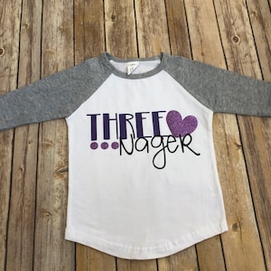 THREE-nager shirt, Three year old shirt, third birthday shirt, 3rd birthday, birthday girl shirt,threenager shirt, custom girl shirt, raglan