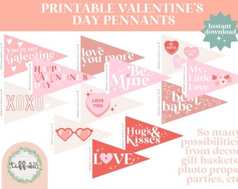 Valentine&#39;s Day Pennant Flags • Valentine&#39;s Day Decor • Valentine&#39;s Day Printable • Instant Download