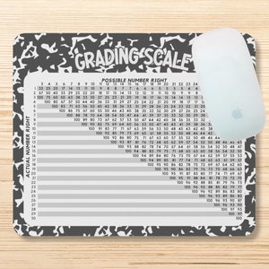 May include: A black and white composition notebook-style mousepad with a grading scale chart and the words "GRADING SCALE." A white Apple mouse is positioned on the right side of the pad.