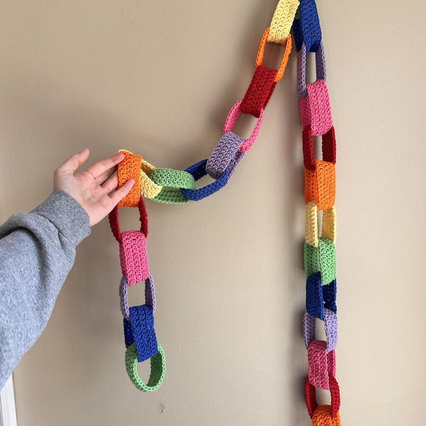 Ghirlanda di catene di carta all'uncinetto arcobaleno, decorazioni per la cameretta dei bambini, ghirlanda per la sala giochi, decorazioni arcobaleno, decorazioni per feste di compleanno, striscione colorato all'uncinetto