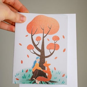 Carte de voeux vierge // Tree Hugging // Girl and Fox Friends // Oeuvres d'art originales