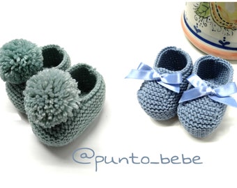 KNITTING PATTERN - Pon-pon bootees pattern PDF Spanish (size 0-3 months and 3-6 months)