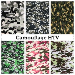 May include: Six different camouflage patterns in various colors, including green, black, white, pink, and brown. The patterns are all in a camouflage style, with irregular shapes and colors. The text "Camouflage HTV" is displayed in the center of the image.
