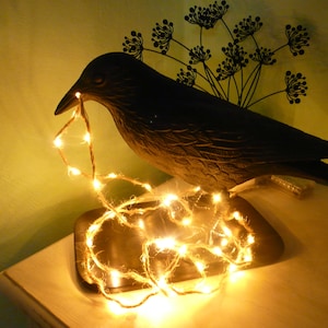 Könnte beinhalten: Eine schwarze dekorative Vogelfigur, die eine Lichterkette mit warmweißen LEDs im Schnabel hält. Der Vogel sitzt auf einem kleinen, rechteckigen Tablett. Ein schwarzes Blumendesign befindet sich an der Wand hinter dem Vogel. Die Lichter leuchten und erzeugen einen warmen Schein.