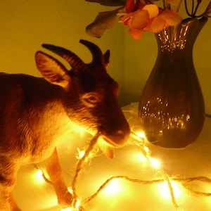 Könnte beinhalten: Eine braune Ziegenfigur mit gebogenen Hörnern, beleuchtet von warmen Lichterketten. Im Hintergrund eine dunkle Vase mit Blumen. Die Szene spielt sich vor einer gelb-grünen Wand ab.