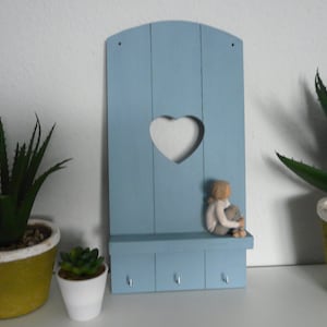 Wooden shelf, pallet shelf, hook rail, key rack, reclaimed wood wall decoration with heart, shabby chic
