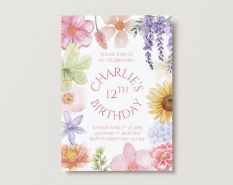 May include: A floral birthday invitation with watercolor flowers in pink, purple, yellow, and green. The text reads "Charlie's 12th Birthday" with event details. The invitation is surrounded by a variety of flowers.