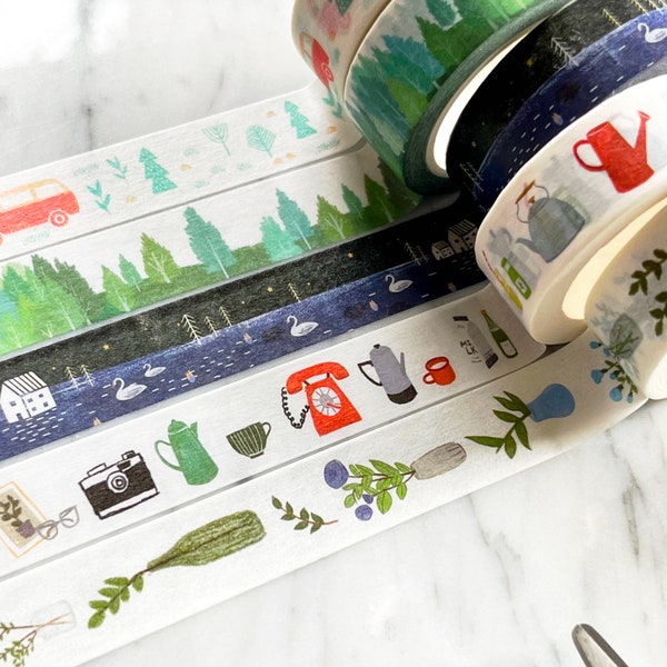 Travel Washi Tape, Woodland Trees, Road-trip, Retro Phone Stationery Decorative Repositionable Tape 1 Meter Sample