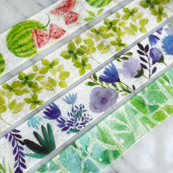 Cute Summer Watercolor Washi Tape, Pretty Foliage, Flowers, Trees and Watermelon, 1 Meter Washi Sample