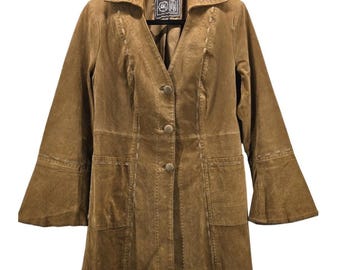 Chaqueta vaquera vintage Chi by Falchi de piel de ante para mujer, talla S, marrón, estilo bohemio