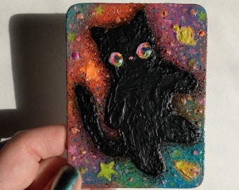 VoidCat.3 in the Third Dimension - Original miniature painting by AGblend13, Textured artwork, Black cat in outer space, Cute tiny home art