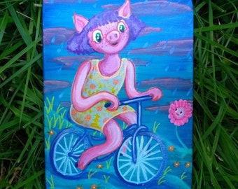 Penelope Rides Her Bicycle, Original Painting, Miniature Art, Lowbrow, Cartoon, Illustration, Whimsical, Kids Room, Painted Metal, OOAK