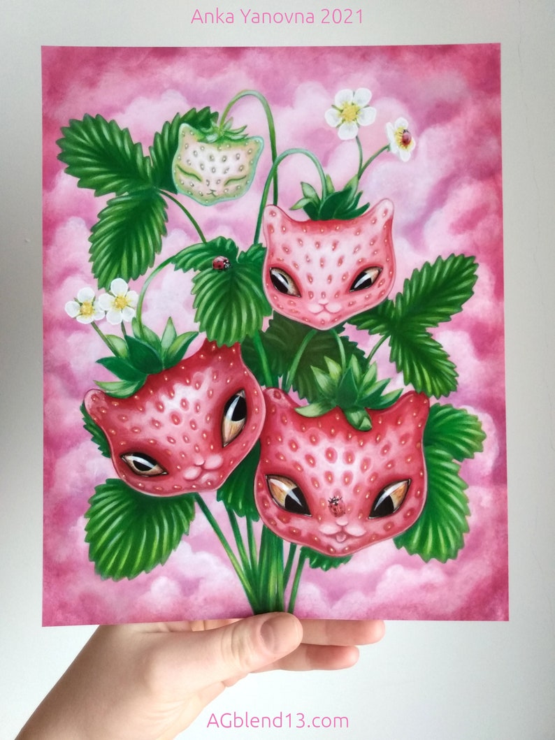 Strawberry Cats 8x10 Art Prints Based on an Original Acrylic Etsy