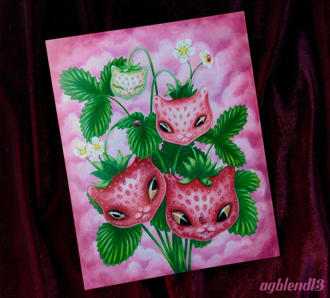 Strawberry Cats 8x10 Art Prints Based on an Original Acrylic Painting