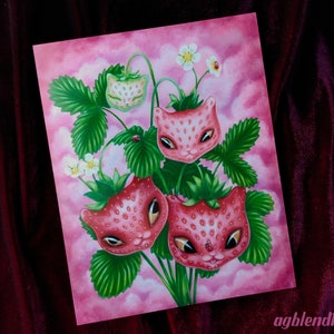 Strawberry Cats 8x10 Art Prints based on an Original Acrylic Painting, Lowbrow Pop Surrealism, Fantasy Cat Art, Dreamy Pink Decor